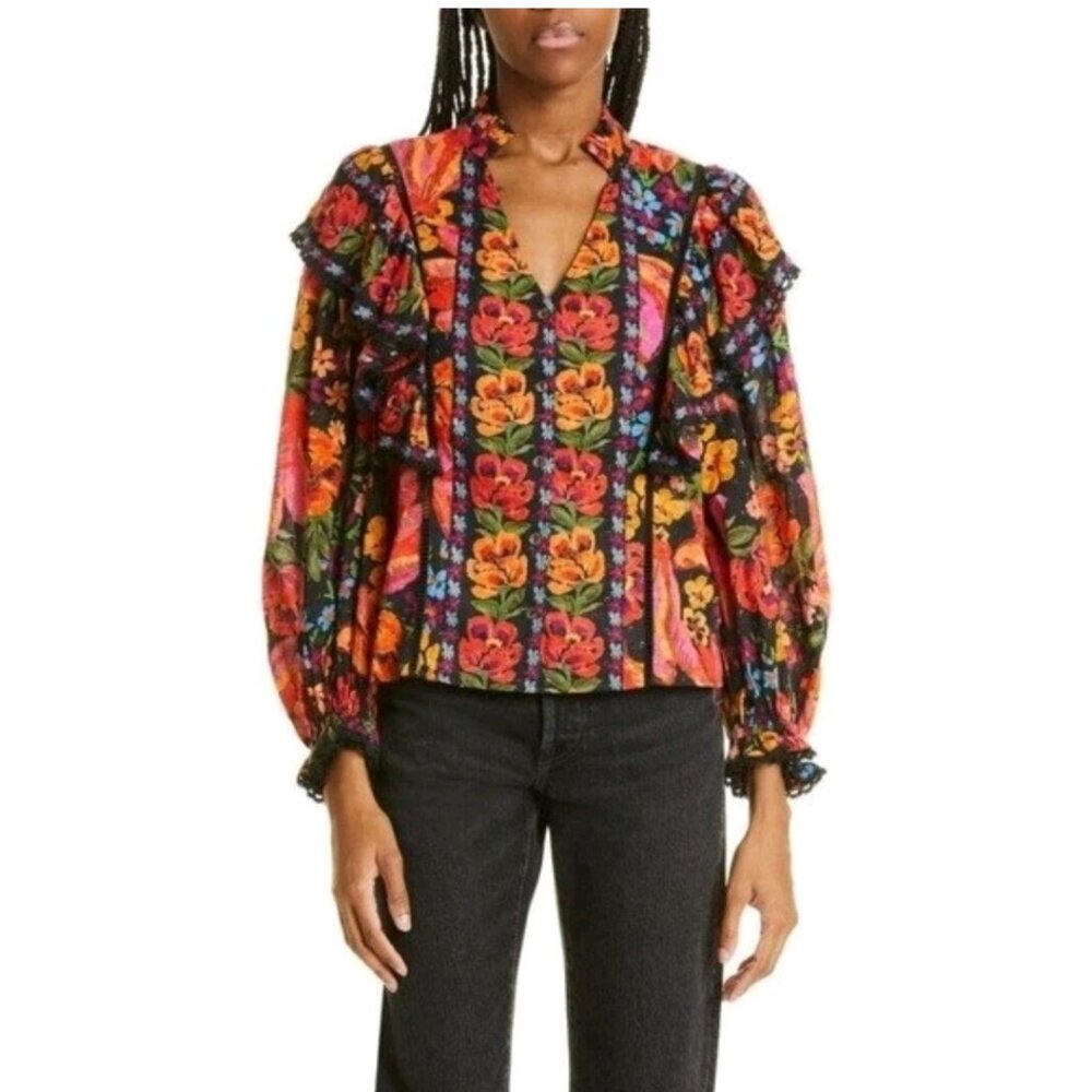 NWOT FARM Rio Black Spring Banana Multicolor Long Sleeve Shirt Size Small